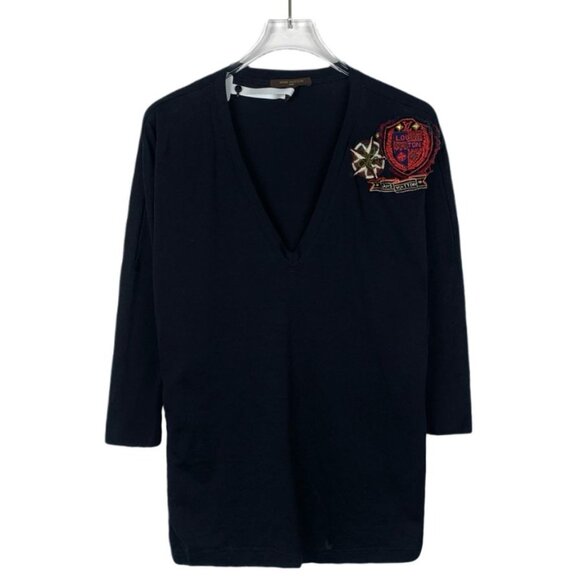 Louis Vuitton Womens Black V-Neck Cotton Tunic With Embroidered Crest Patch XS